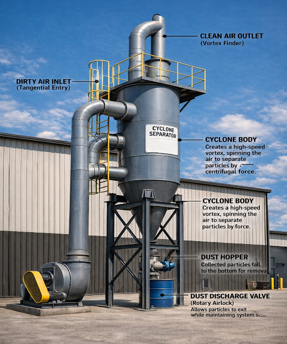 Cyclonic dust collection system — annotated field installation with inlet, separator body, clean air outlet and dust discharge